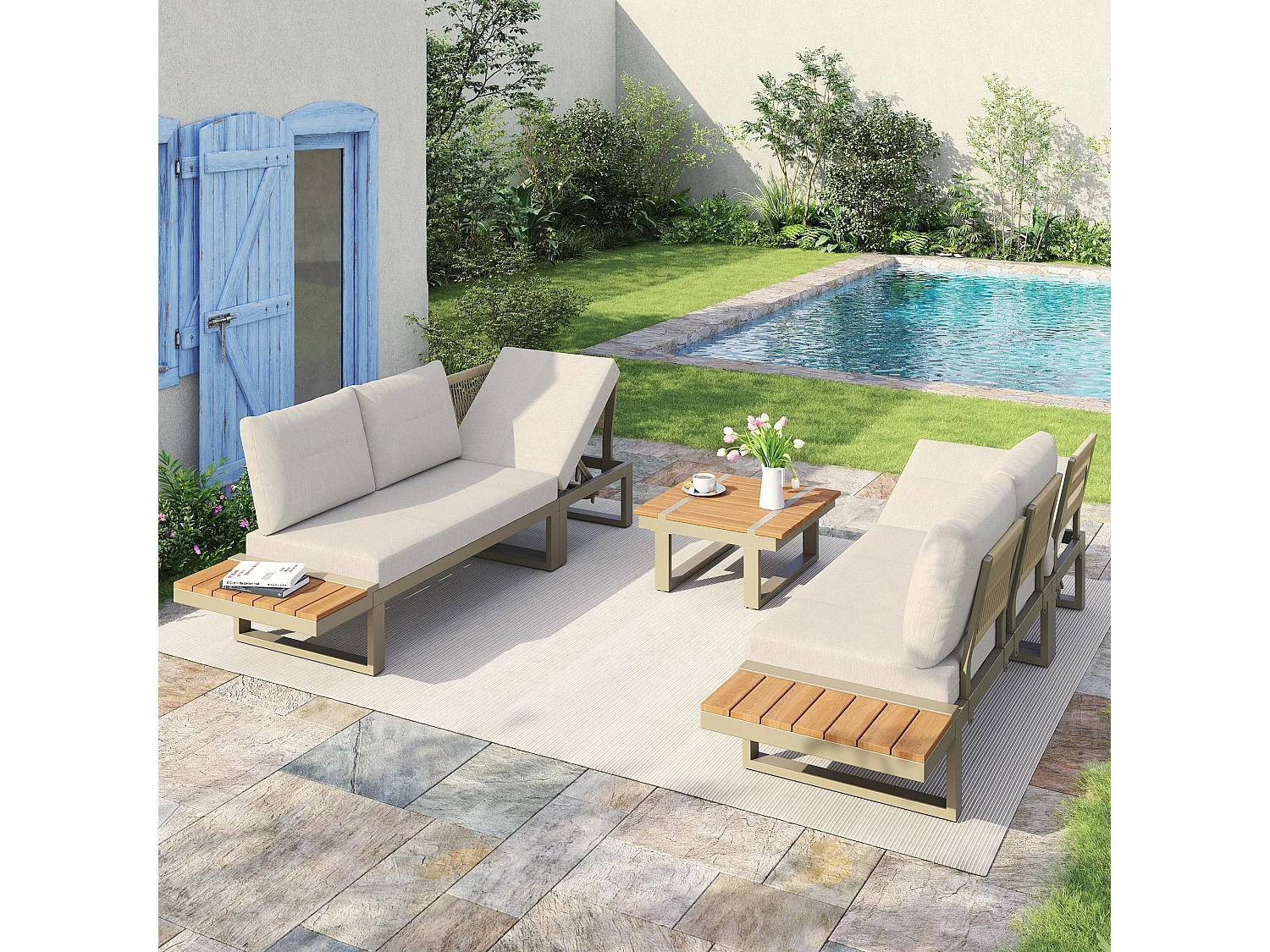 Mobilier de jardin, comprenant 2 chaises longues, avec inclinaison réglable, structure en tubes d'acier galvanisé,beige