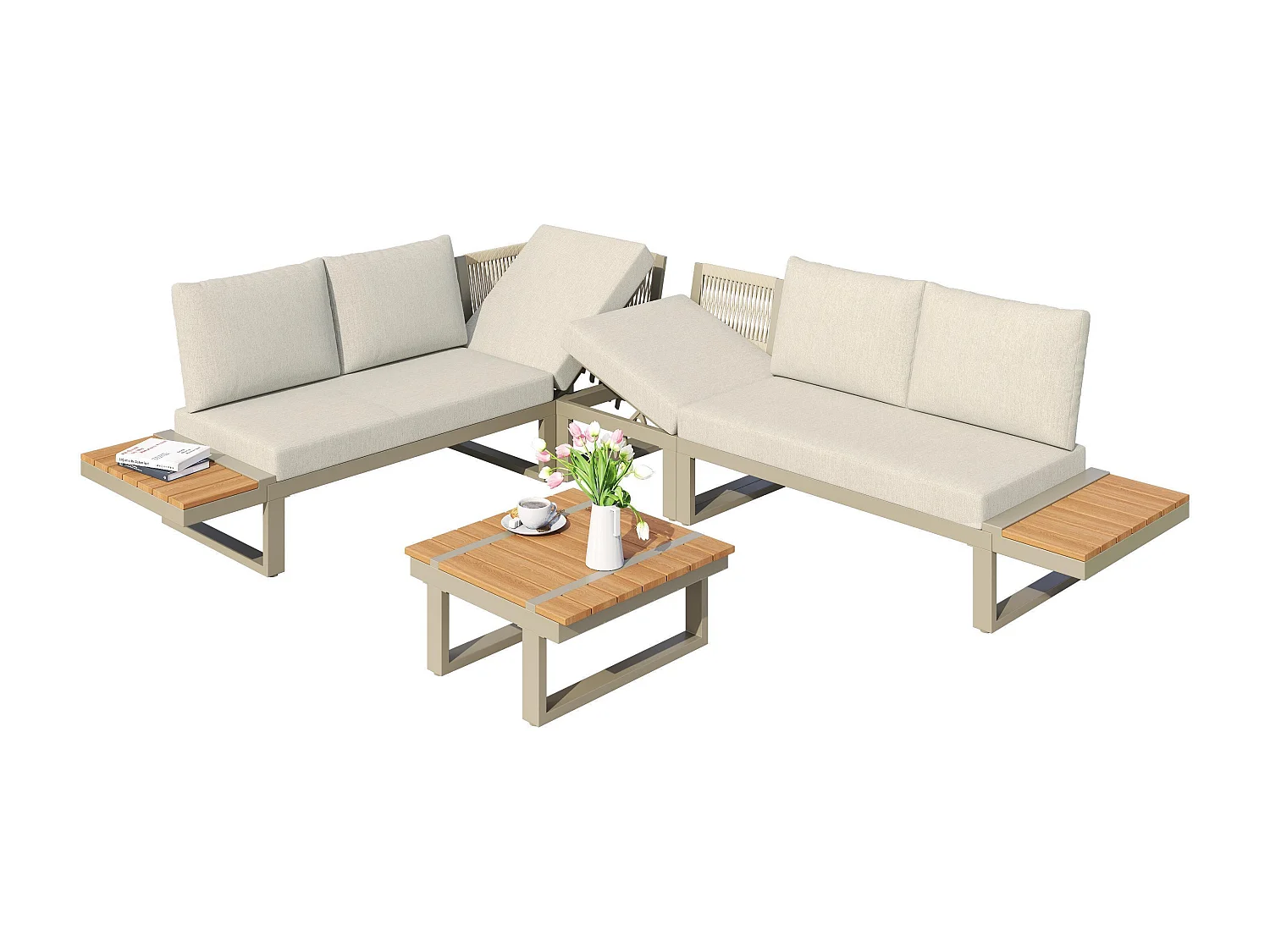 Mobilier de jardin, comprenant 2 chaises longues, avec inclinaison réglable, structure en tubes d'acier galvanisé,beige