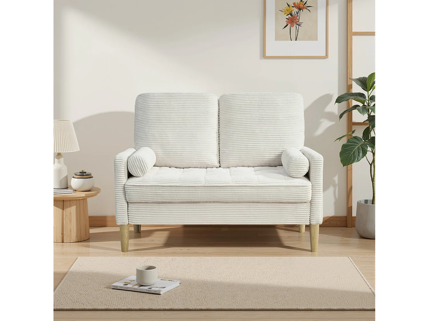 Sofá de dos plazas en pana, estilo nórdico, sofá tapizado con cojines mullidos, beige