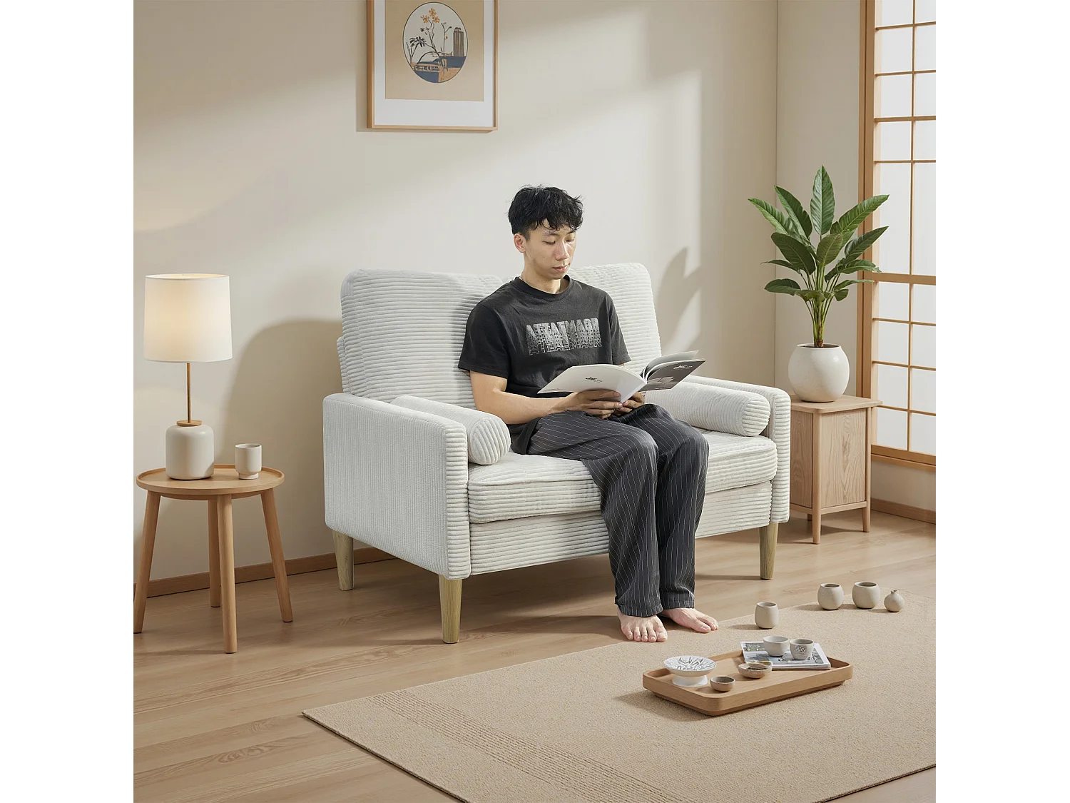 Sofá de dos plazas en pana, estilo nórdico, sofá tapizado con cojines mullidos, beige