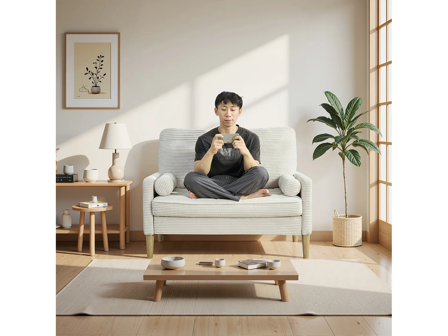 Sofá de dos plazas en pana, estilo nórdico, sofá tapizado con cojines mullidos, beige