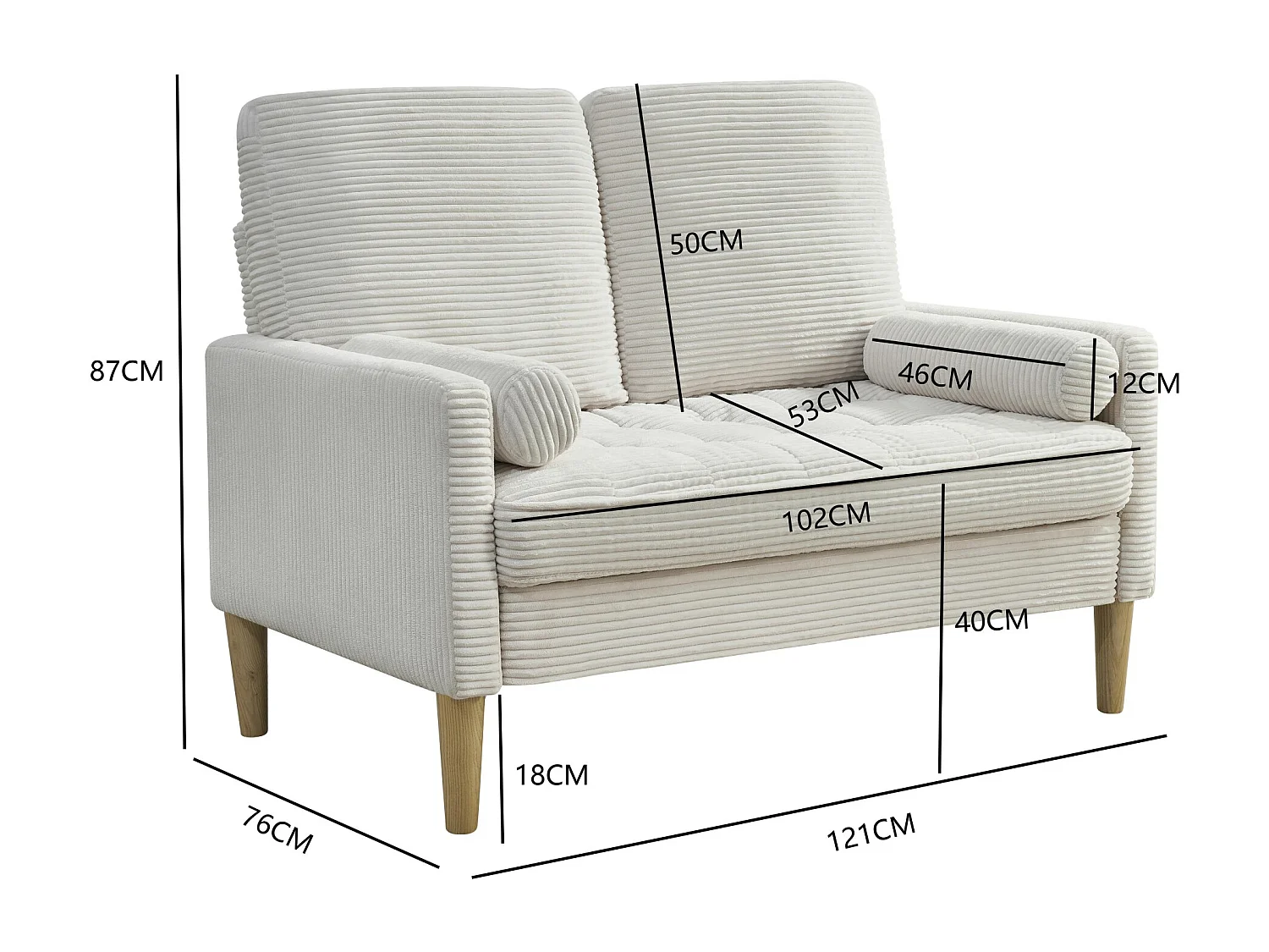 Sofá de dos plazas en pana, estilo nórdico, sofá tapizado con cojines mullidos, beige