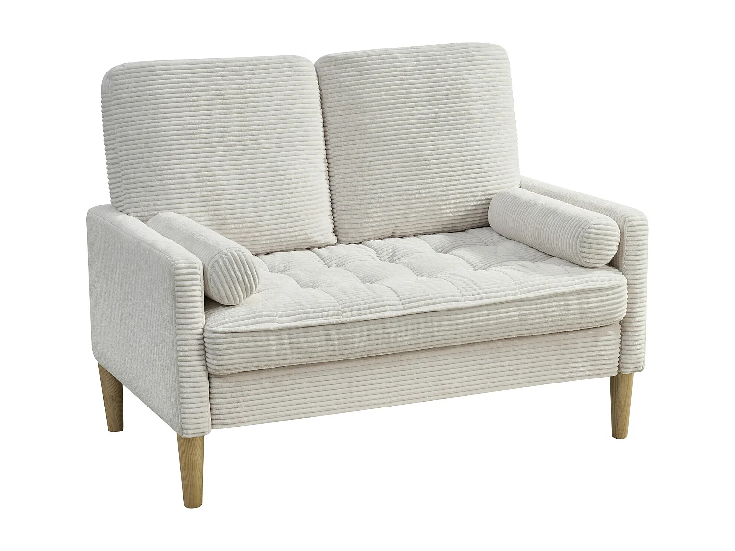 Sofá de dos plazas en pana, estilo nórdico, sofá tapizado con cojines mullidos, beige