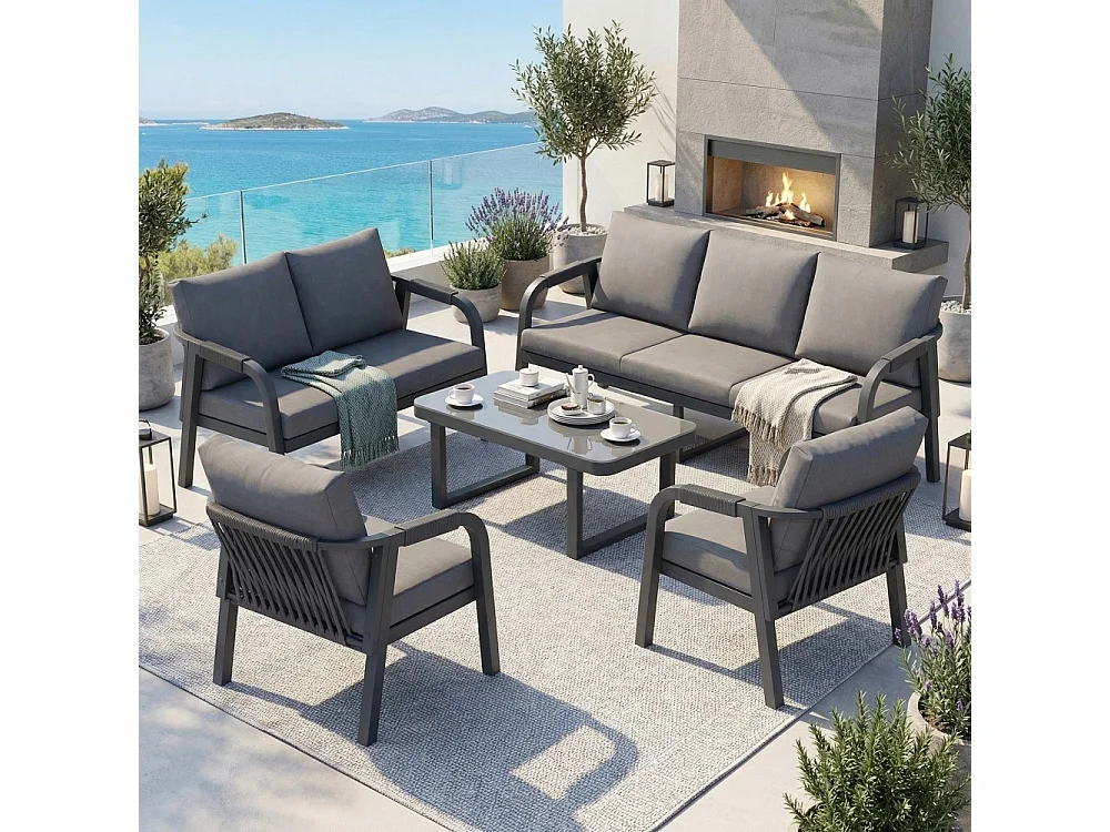 Ensemble de jardin pour 7 personnes, plateau en verre, structure en fer galvanisé, design en corde tressée, gris