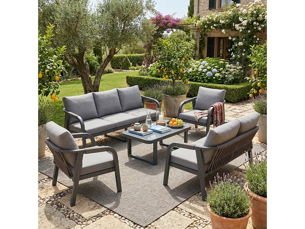 Ensemble de jardin pour 7 personnes, plateau en verre, structure en fer galvanisé, design en corde tressée, gris