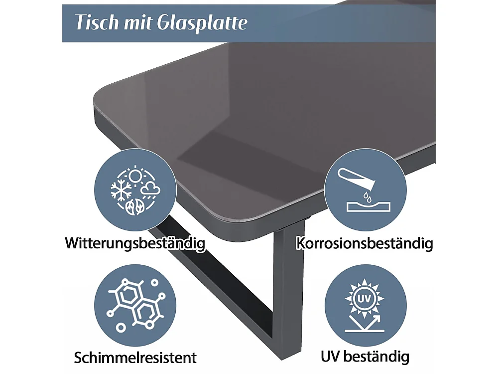 Ensemble de jardin pour 7 personnes, plateau en verre, structure en fer galvanisé, design en corde tressée, gris