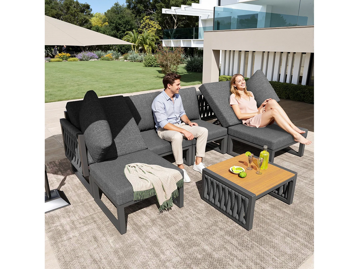 Ensemble de mobilier de jardin avec coussins et oreillers de haute qualité, angle du dossier réglable, gris