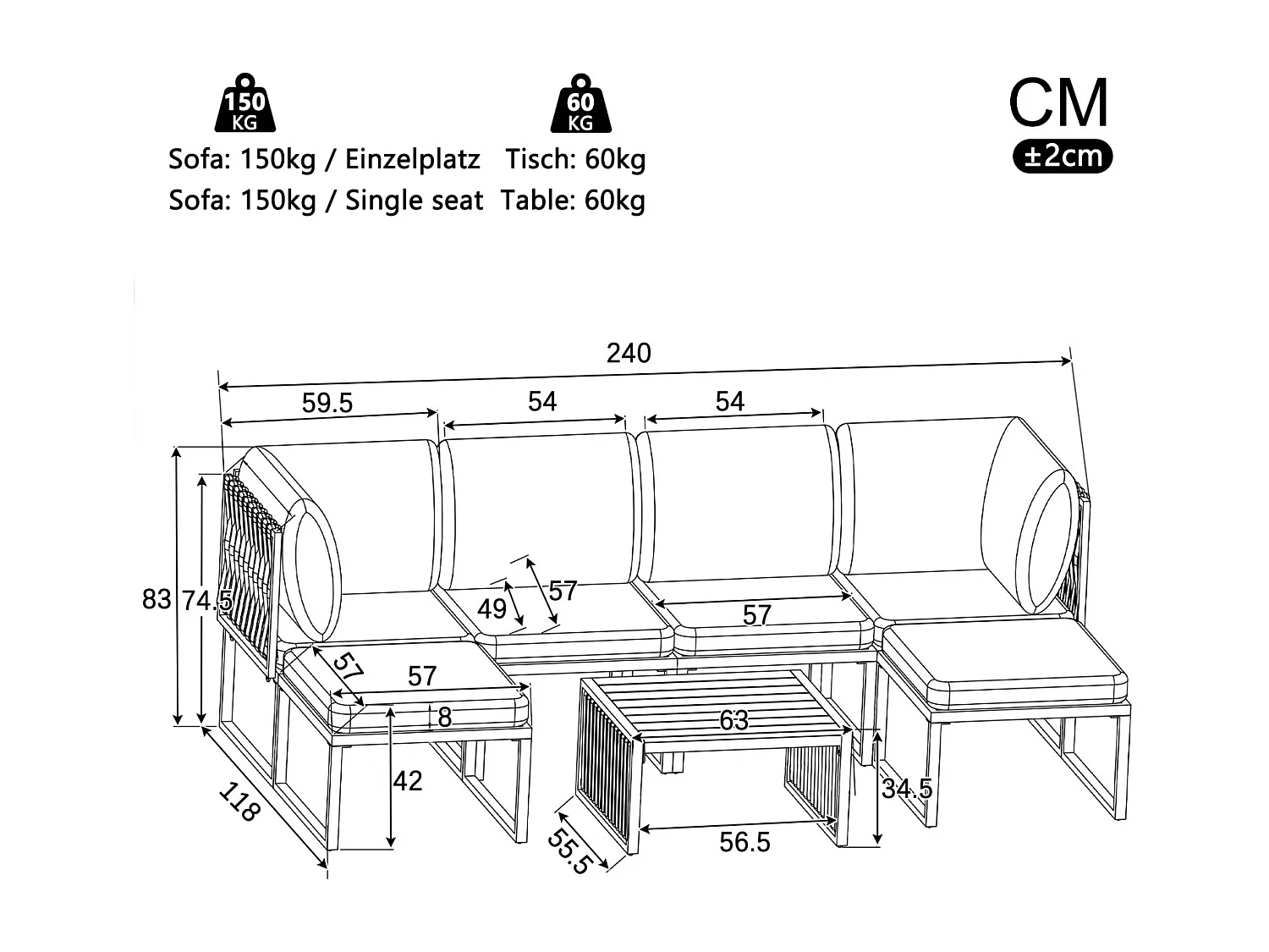 Ensemble de mobilier de jardin avec coussins et oreillers de haute qualité, angle du dossier réglable, gris