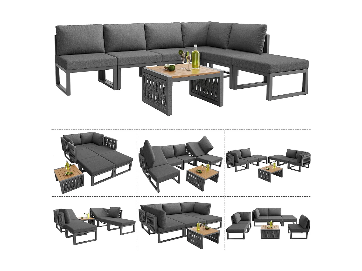 Ensemble de mobilier de jardin avec coussins et oreillers de haute qualité, angle du dossier réglable, gris