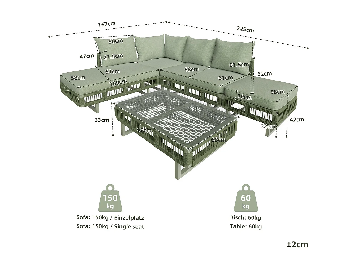 Ensemble de mobilier de jardin avec pieds réglables, coussins de 10 cm d'épaisseur et table basse en verre, vert