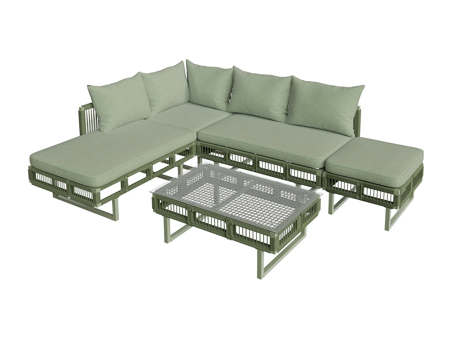 Ensemble de mobilier de jardin avec pieds réglables, coussins de 10 cm d'épaisseur et table basse en verre, vert