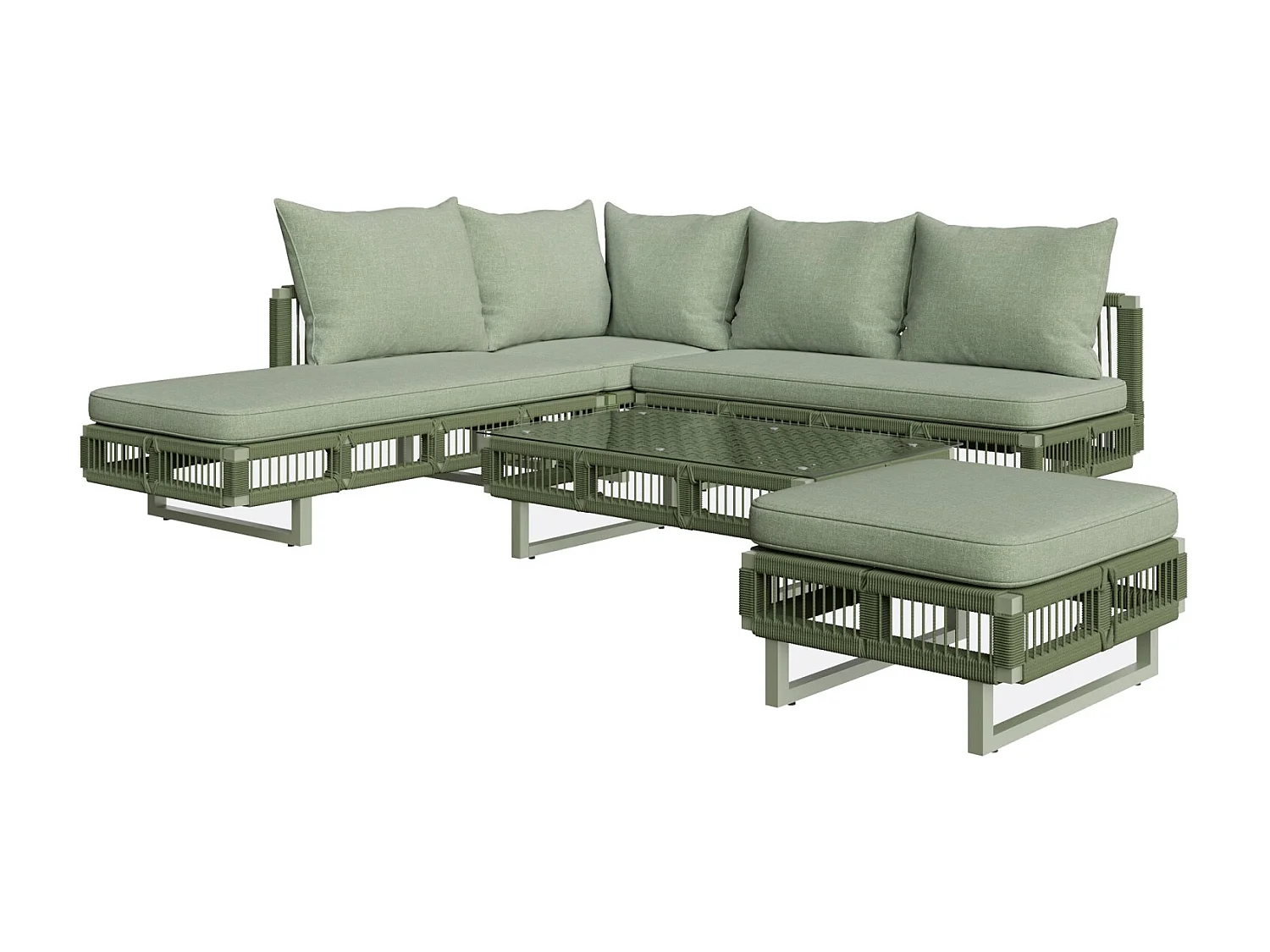 Ensemble de mobilier de jardin avec pieds réglables, coussins de 10 cm d'épaisseur et table basse en verre, vert