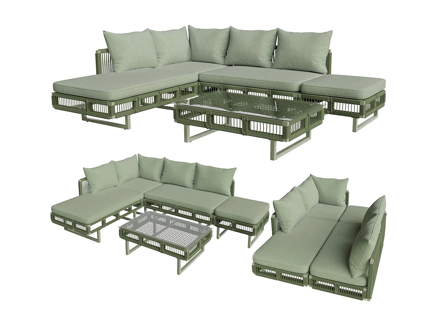 Ensemble de mobilier de jardin avec pieds réglables, coussins de 10 cm d'épaisseur et table basse en verre, vert