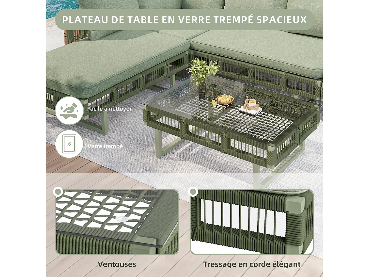 Ensemble de mobilier de jardin avec pieds réglables, coussins de 10 cm d'épaisseur et table basse en verre, vert