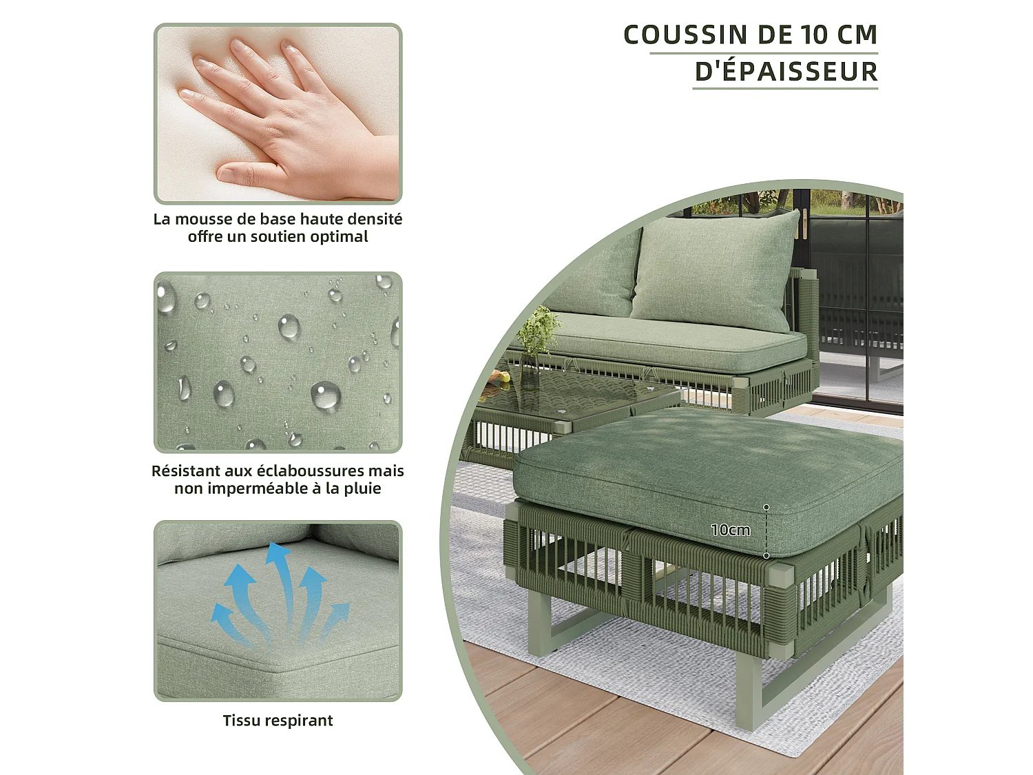 Ensemble de mobilier de jardin avec pieds réglables, coussins de 10 cm d'épaisseur et table basse en verre, vert