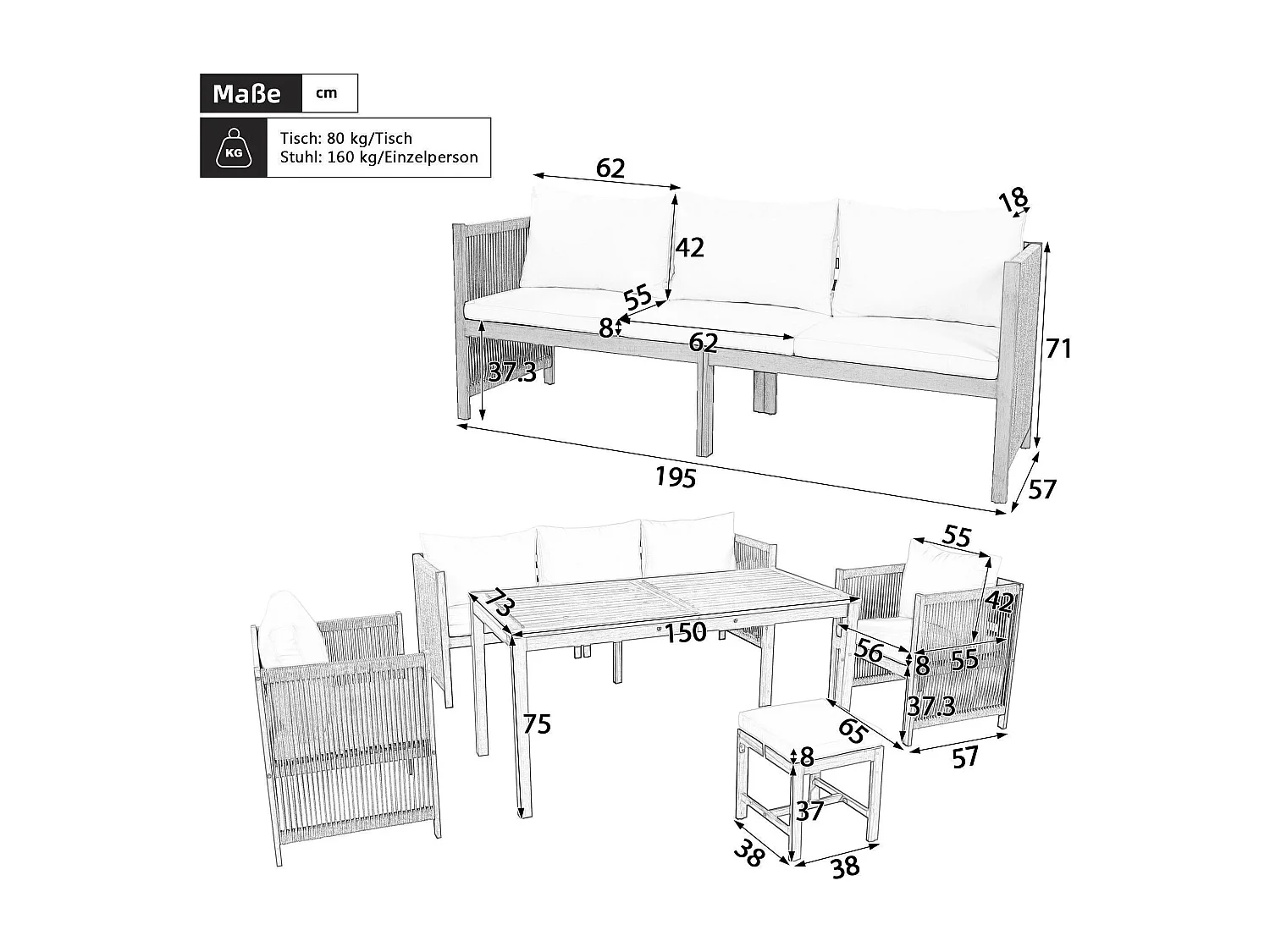 Tuinset, 6-delig, bestaande uit een bank, een poef en een eettafel, blad van tamarindehout,  beige