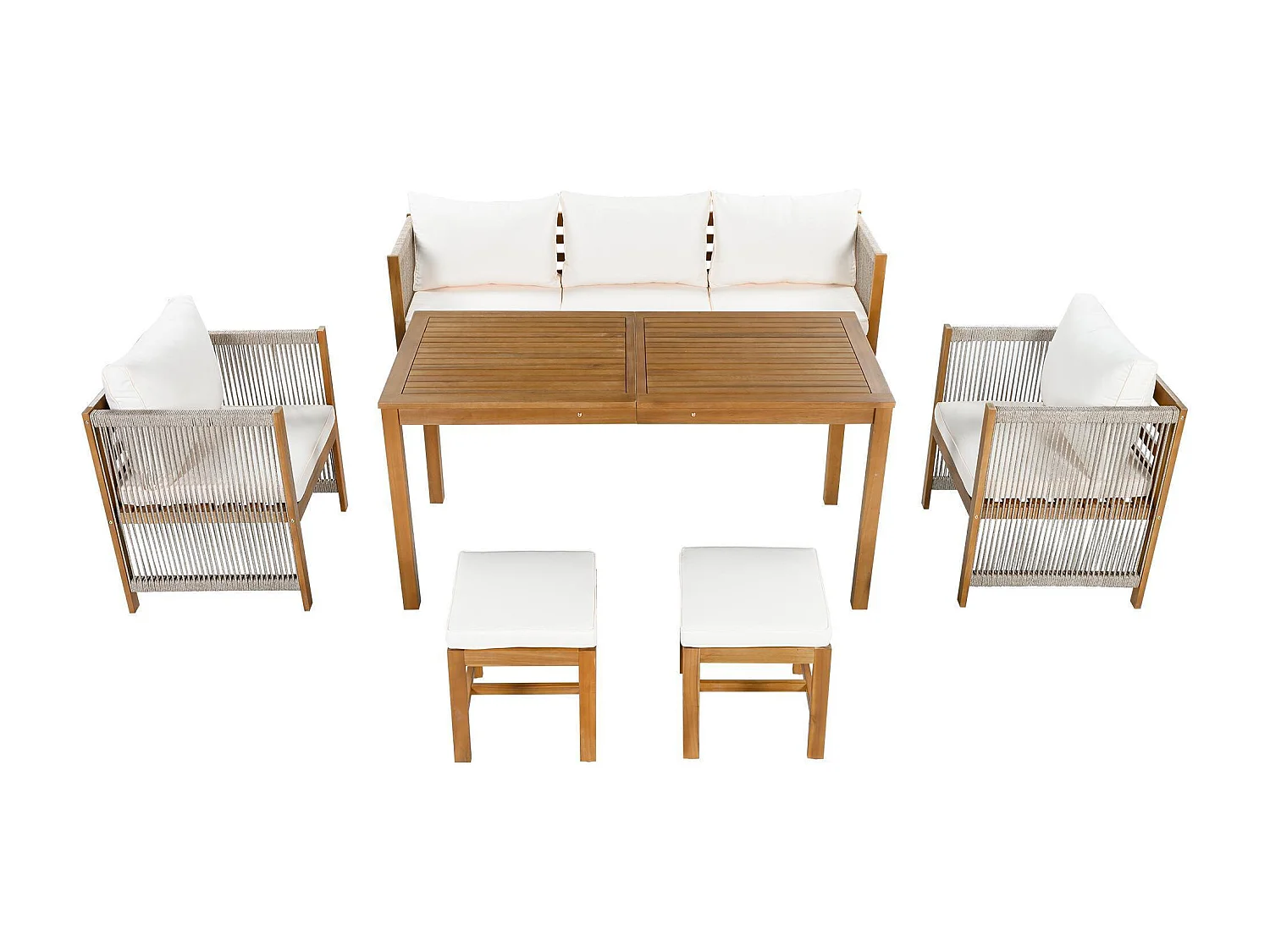 Tuinset, 6-delig, bestaande uit een bank, een poef en een eettafel, blad van tamarindehout,  beige