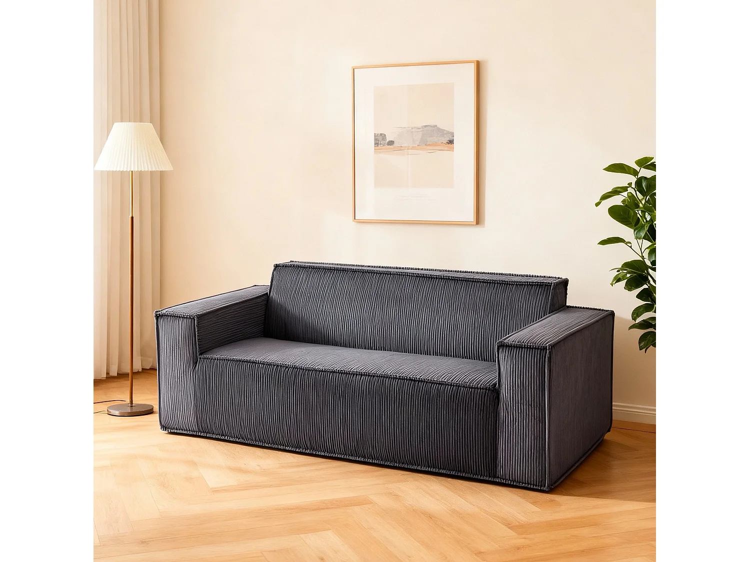 Canapé deux places à assise profonde, velours côtelé, sans pieds, ne nécessite aucun assemblage, facile à déplacer, gris