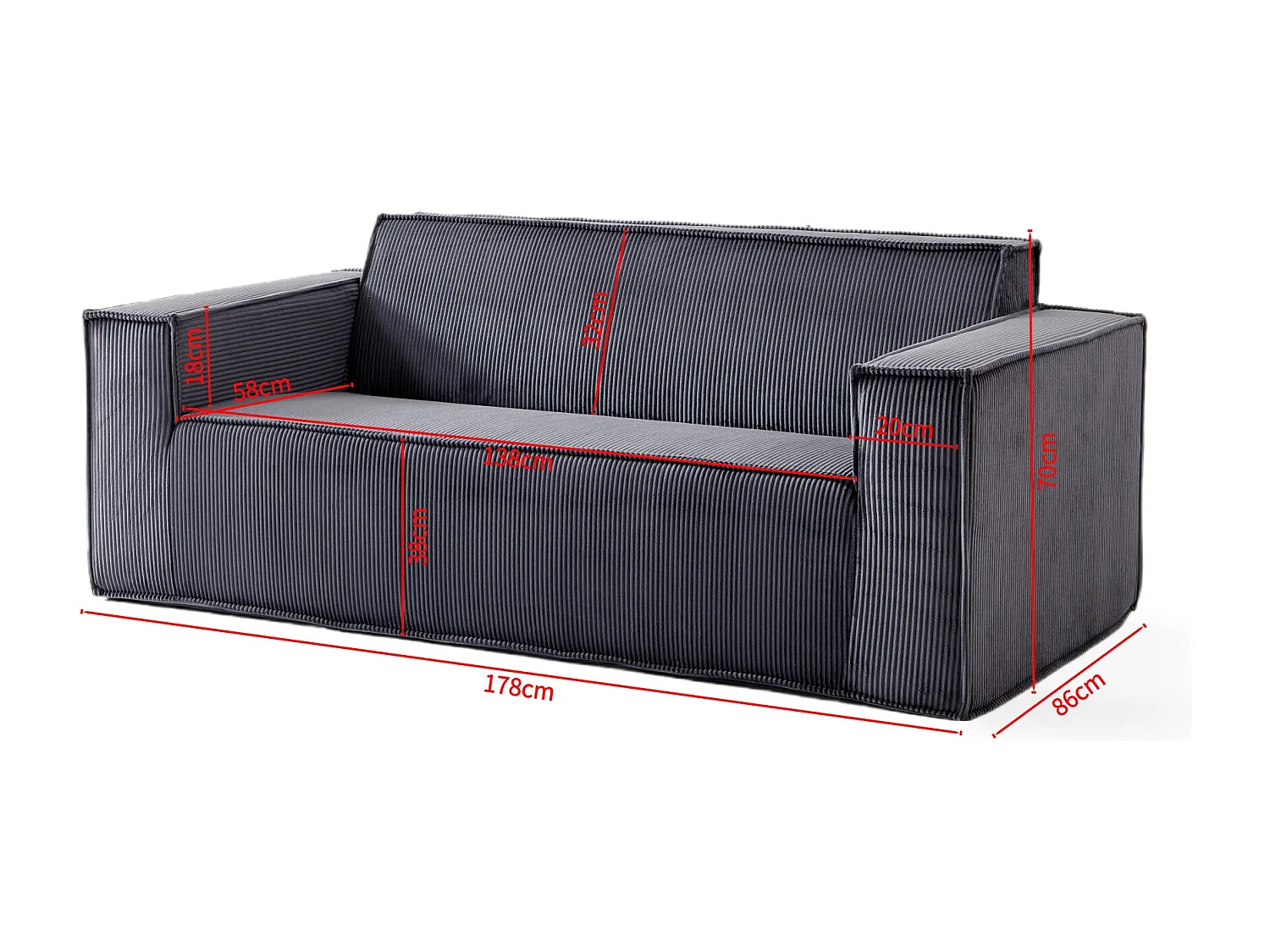 Canapé deux places à assise profonde, velours côtelé, sans pieds, ne nécessite aucun assemblage, facile à déplacer, gris