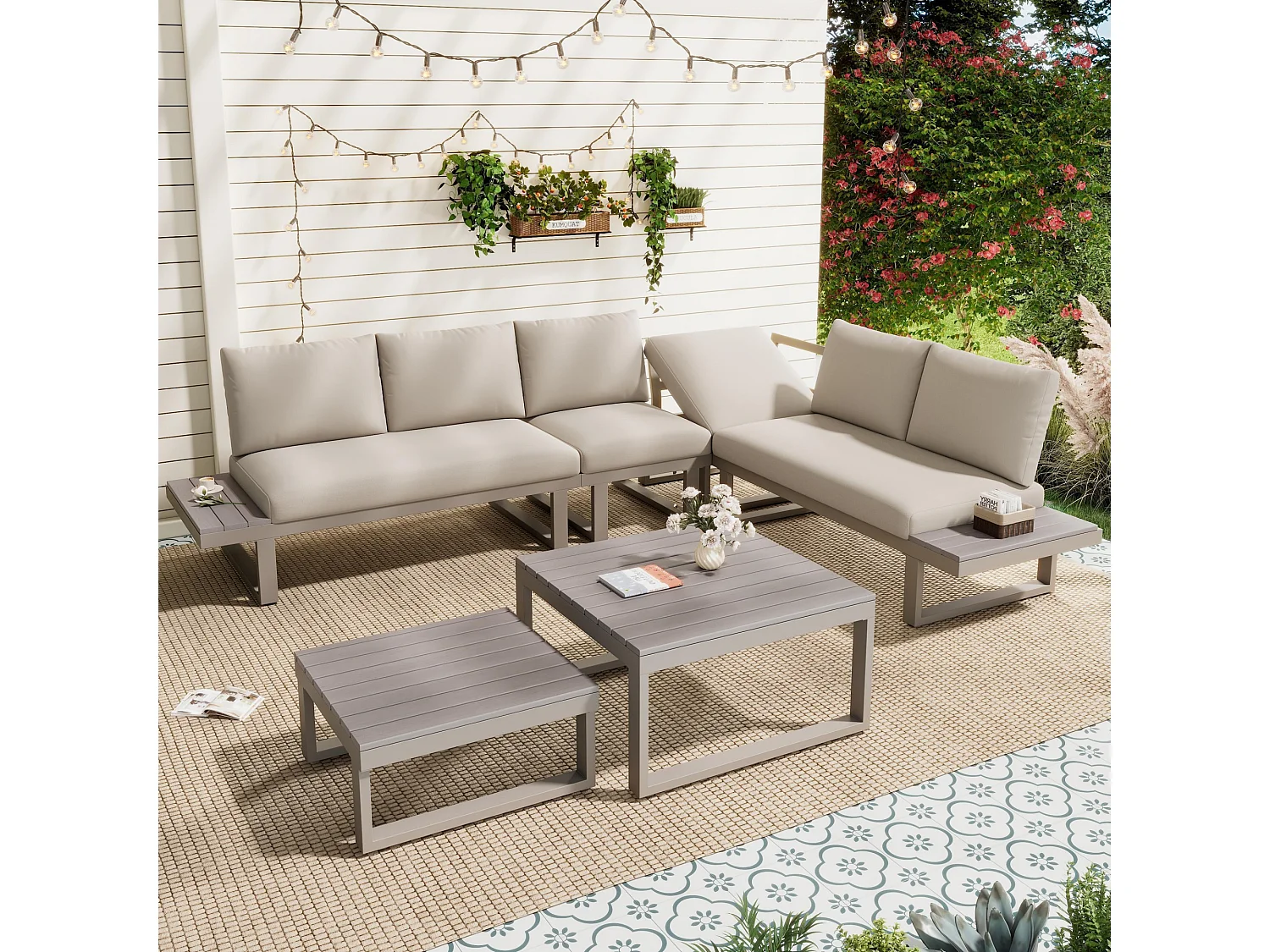 Set di mobili da giardino, con inclinazione regolabile (5 posizioni, fino a 55°), tubi in acciaio zincato, beige + kaki