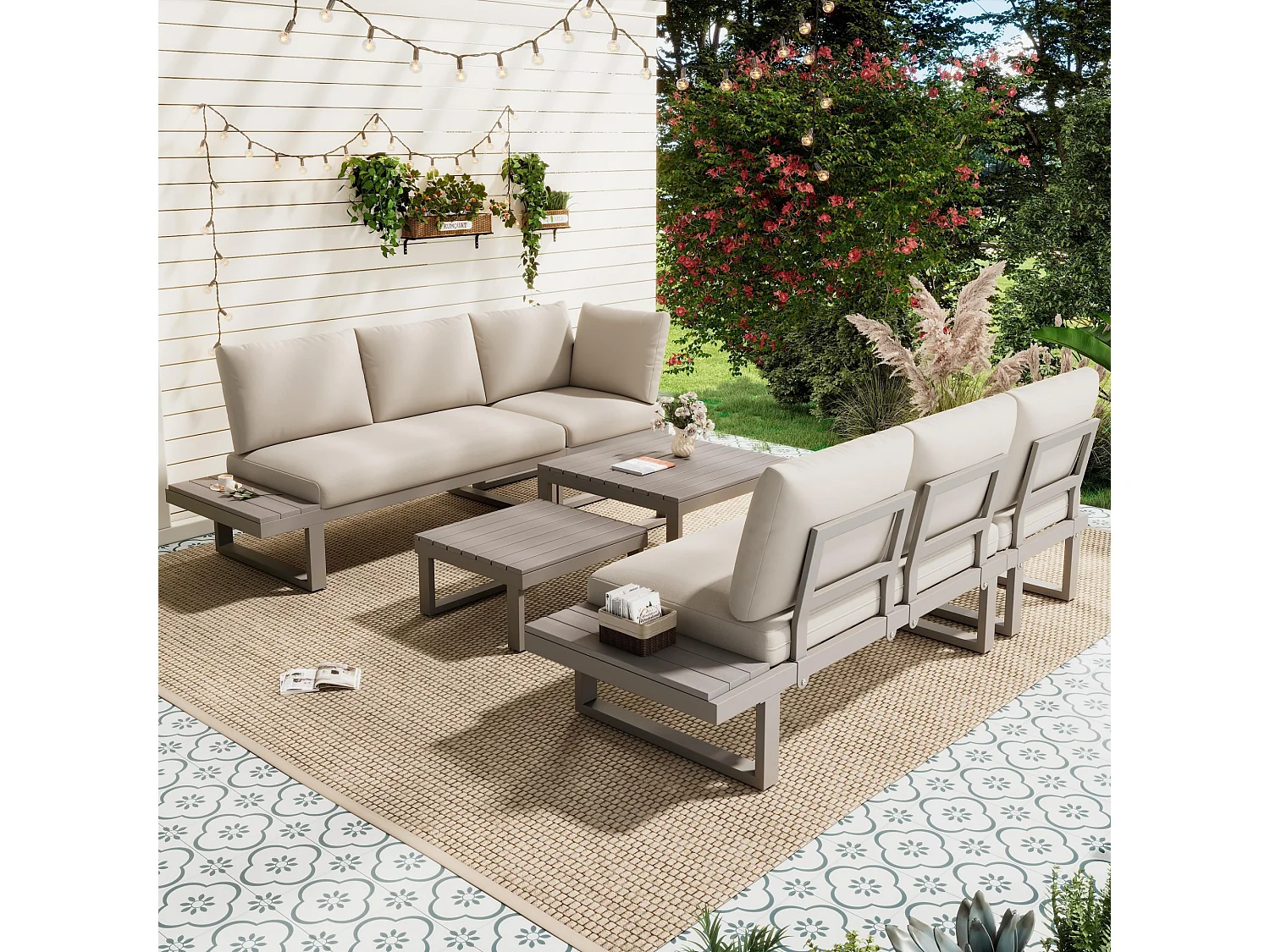 Set di mobili da giardino, con inclinazione regolabile (5 posizioni, fino a 55°), tubi in acciaio zincato, beige + kaki
