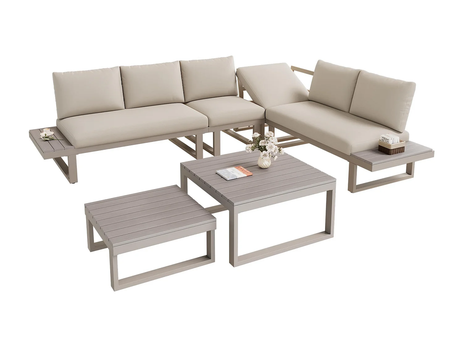 Set di mobili da giardino, con inclinazione regolabile (5 posizioni, fino a 55°), tubi in acciaio zincato, beige + kaki
