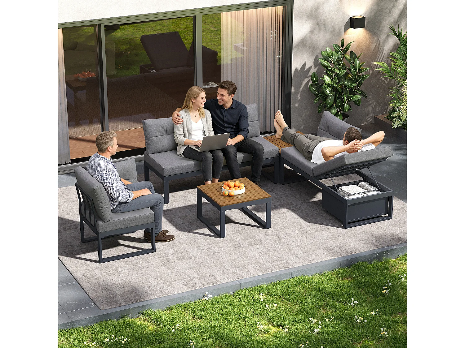 Conjunto de muebles de jardín con respaldo ajustable en 3 posiciones y función reclinable, espacio de almacenamiento y tejido de poliéster - gris oscuro