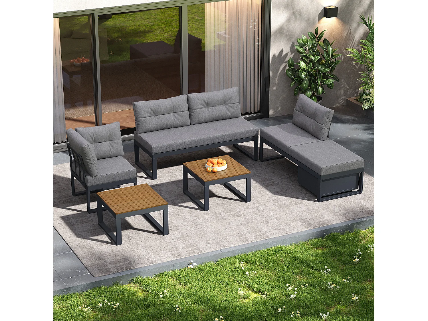 Conjunto de muebles de jardín con respaldo ajustable en 3 posiciones y función reclinable, espacio de almacenamiento y tejido de poliéster - gris oscuro