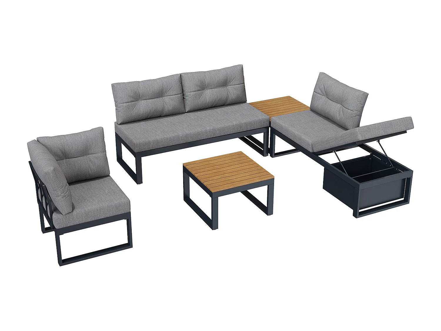 Conjunto de muebles de jardín con respaldo ajustable en 3 posiciones y función reclinable, espacio de almacenamiento y tejido de poliéster - gris oscuro