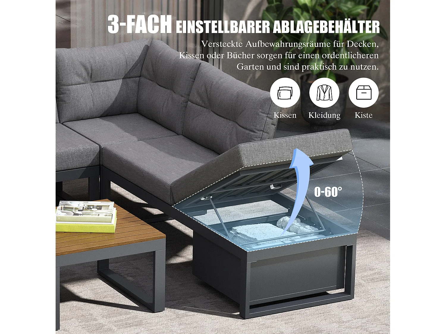 Conjunto de muebles de jardín con respaldo ajustable en 3 posiciones y función reclinable, espacio de almacenamiento y tejido de poliéster - gris oscuro