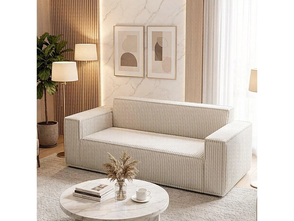 Divano a due posti con seduta profonda, velluto a coste, senza piedini, non richiede assemblaggio, facile da spostare, bianco