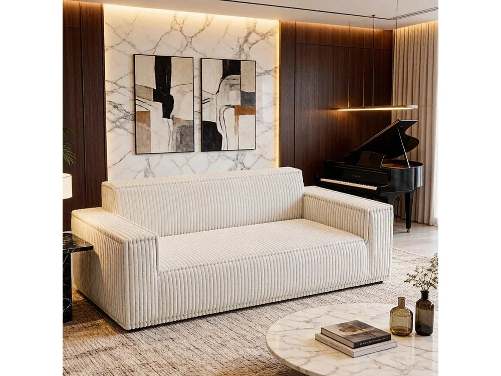 Divano a due posti con seduta profonda, velluto a coste, senza piedini, non richiede assemblaggio, facile da spostare, bianco