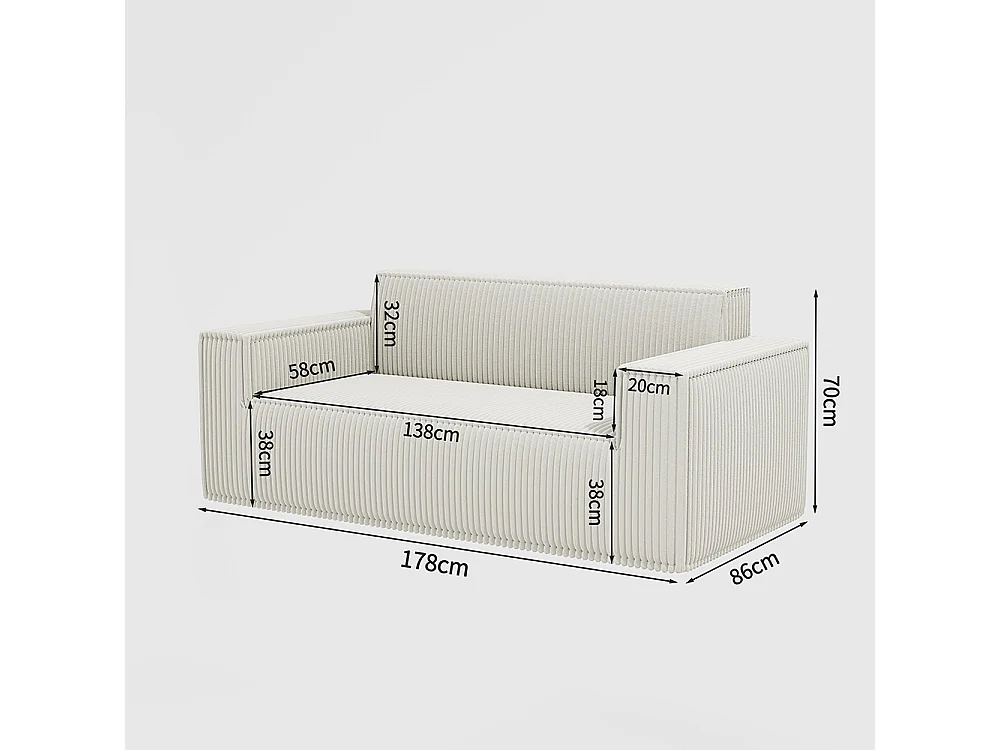 Divano a due posti con seduta profonda, velluto a coste, senza piedini, non richiede assemblaggio, facile da spostare, bianco