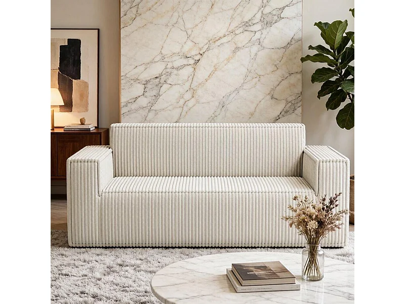 Divano a due posti con seduta profonda, velluto a coste, senza piedini, non richiede assemblaggio, facile da spostare, bianco