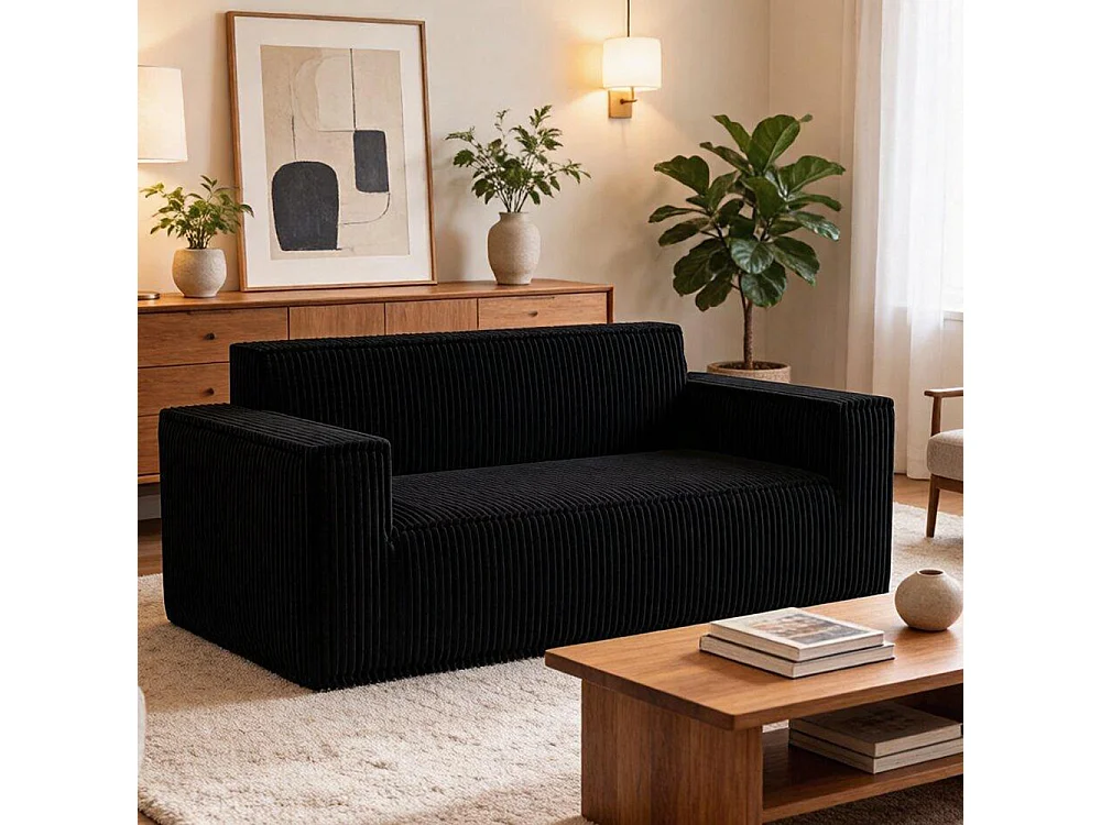 Canapé deux places à assise profonde, velours côtelé, sans pieds, ne nécessite aucun assemblage, facile à déplacer, noir