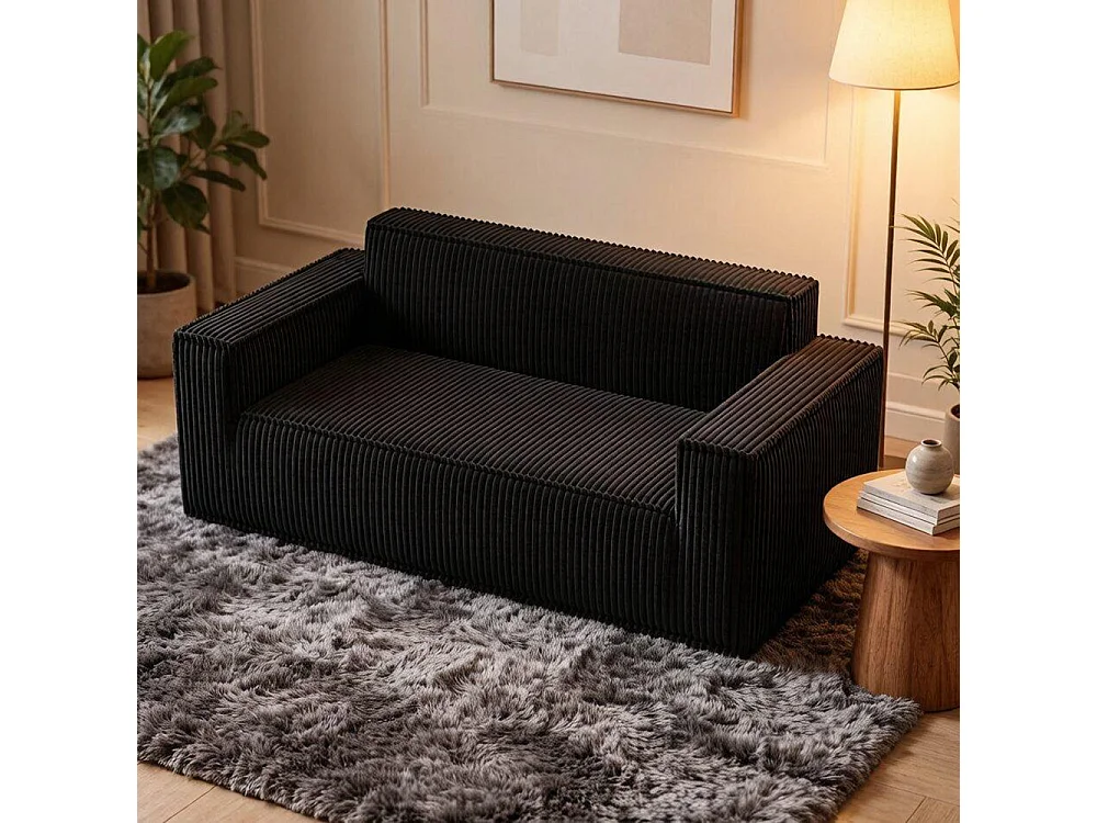 Canapé deux places à assise profonde, velours côtelé, sans pieds, ne nécessite aucun assemblage, facile à déplacer, noir