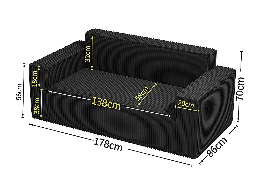 Canapé deux places à assise profonde, velours côtelé, sans pieds, ne nécessite aucun assemblage, facile à déplacer, noir