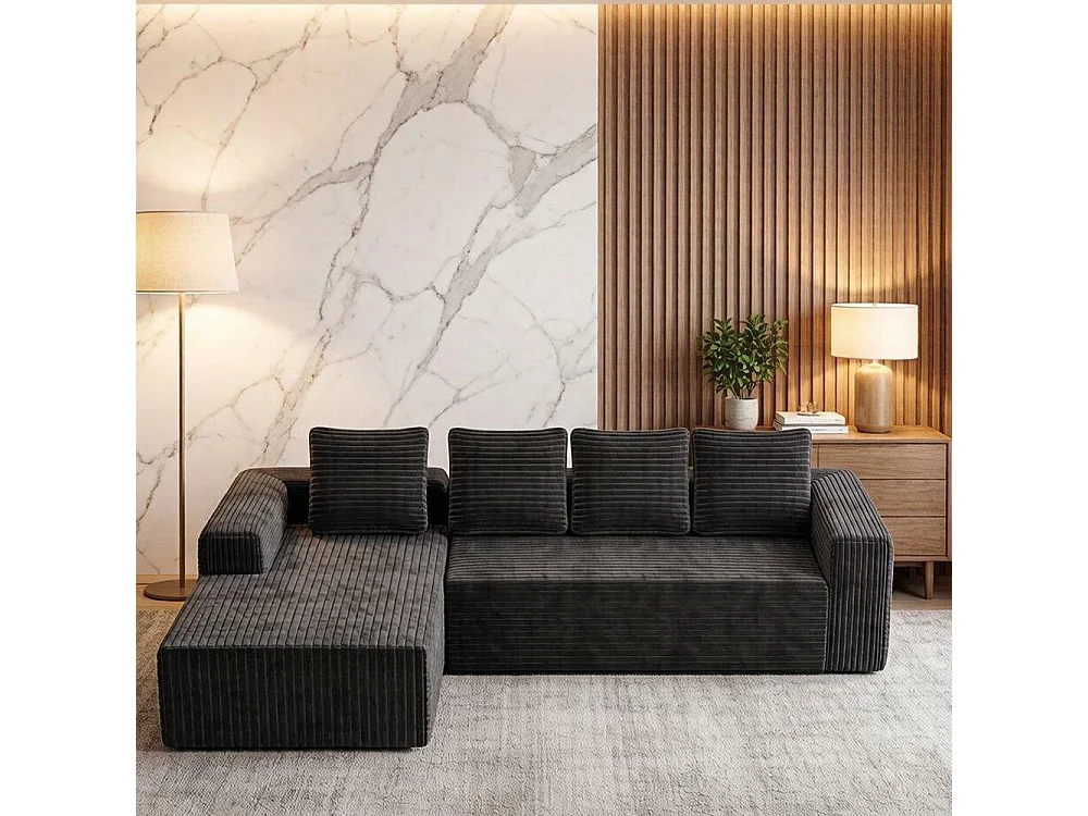 Canapé modulable profond avec méridienne à droite, prêt à monter, velours côtelé, gris