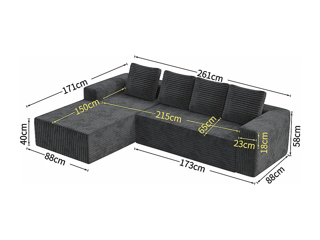 Canapé modulable profond avec méridienne à droite, prêt à monter, velours côtelé, gris