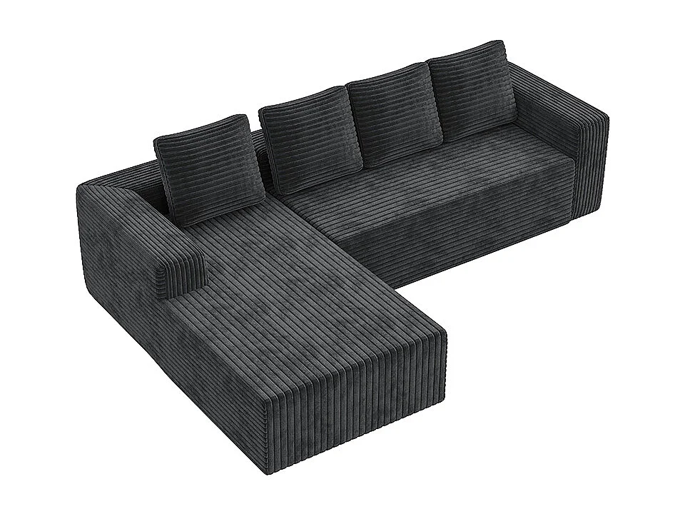 Canapé modulable profond avec méridienne à droite, prêt à monter, velours côtelé, gris