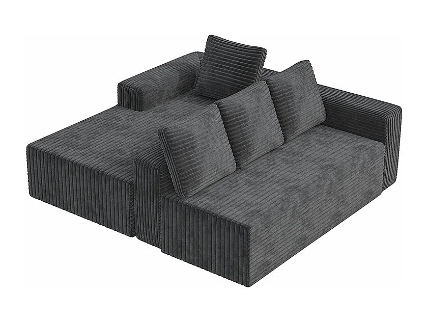 Canapé modulable profond avec méridienne à droite, prêt à monter, velours côtelé, gris