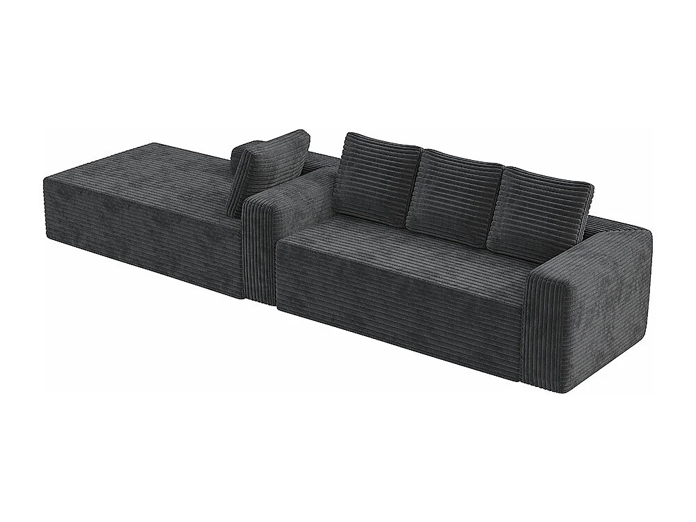Canapé modulable profond avec méridienne à droite, prêt à monter, velours côtelé, gris