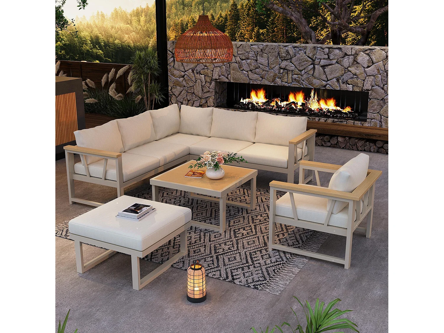 Tuinset, geschikt voor maximaal 7 personen, van gegalvaniseerde stalen buizen, kleur kaki + beige