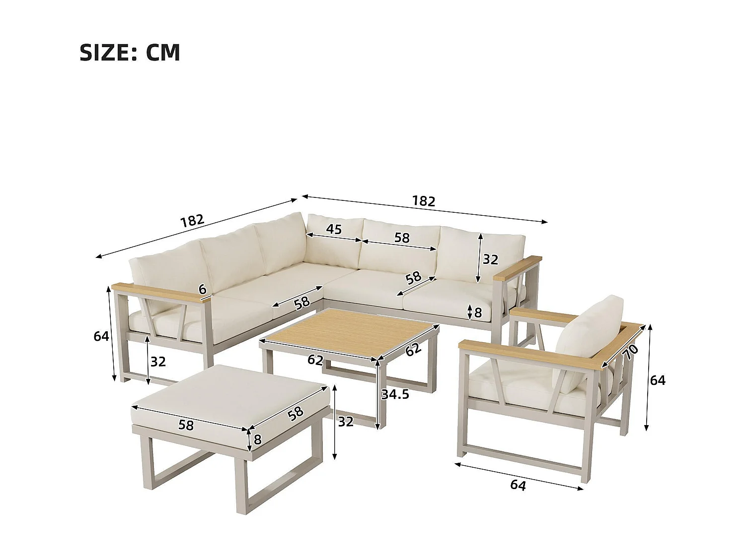 Tuinset, geschikt voor maximaal 7 personen, van gegalvaniseerde stalen buizen, kleur kaki + beige