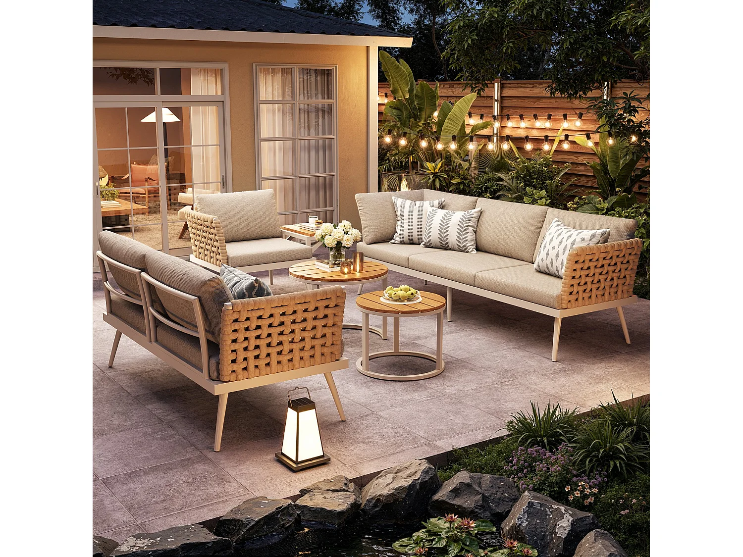 Canapé de jardin, six places, avec accoudoirs tissés à la main, résistant aux intempéries, structure en fer, avec coussins, beige