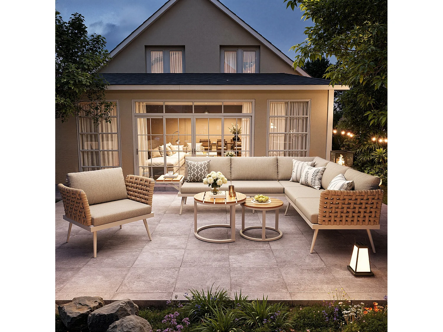Canapé de jardin, six places, avec accoudoirs tissés à la main, résistant aux intempéries, structure en fer, avec coussins, beige