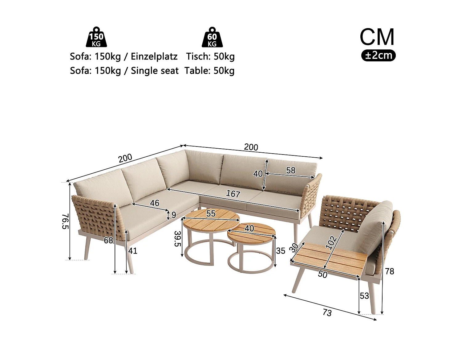 Canapé de jardin, six places, avec accoudoirs tissés à la main, résistant aux intempéries, structure en fer, avec coussins, beige