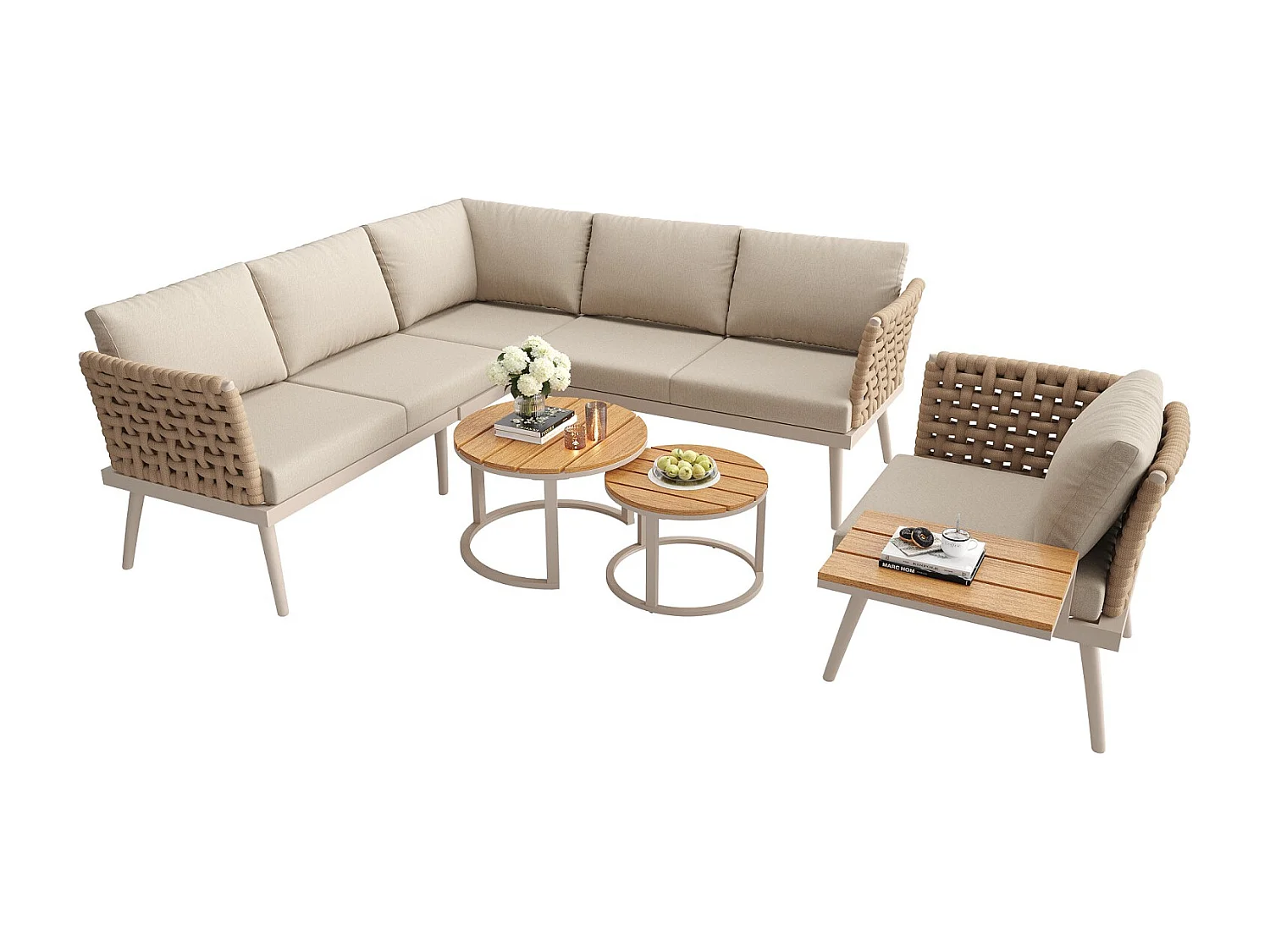 Canapé de jardin, six places, avec accoudoirs tissés à la main, résistant aux intempéries, structure en fer, avec coussins, beige