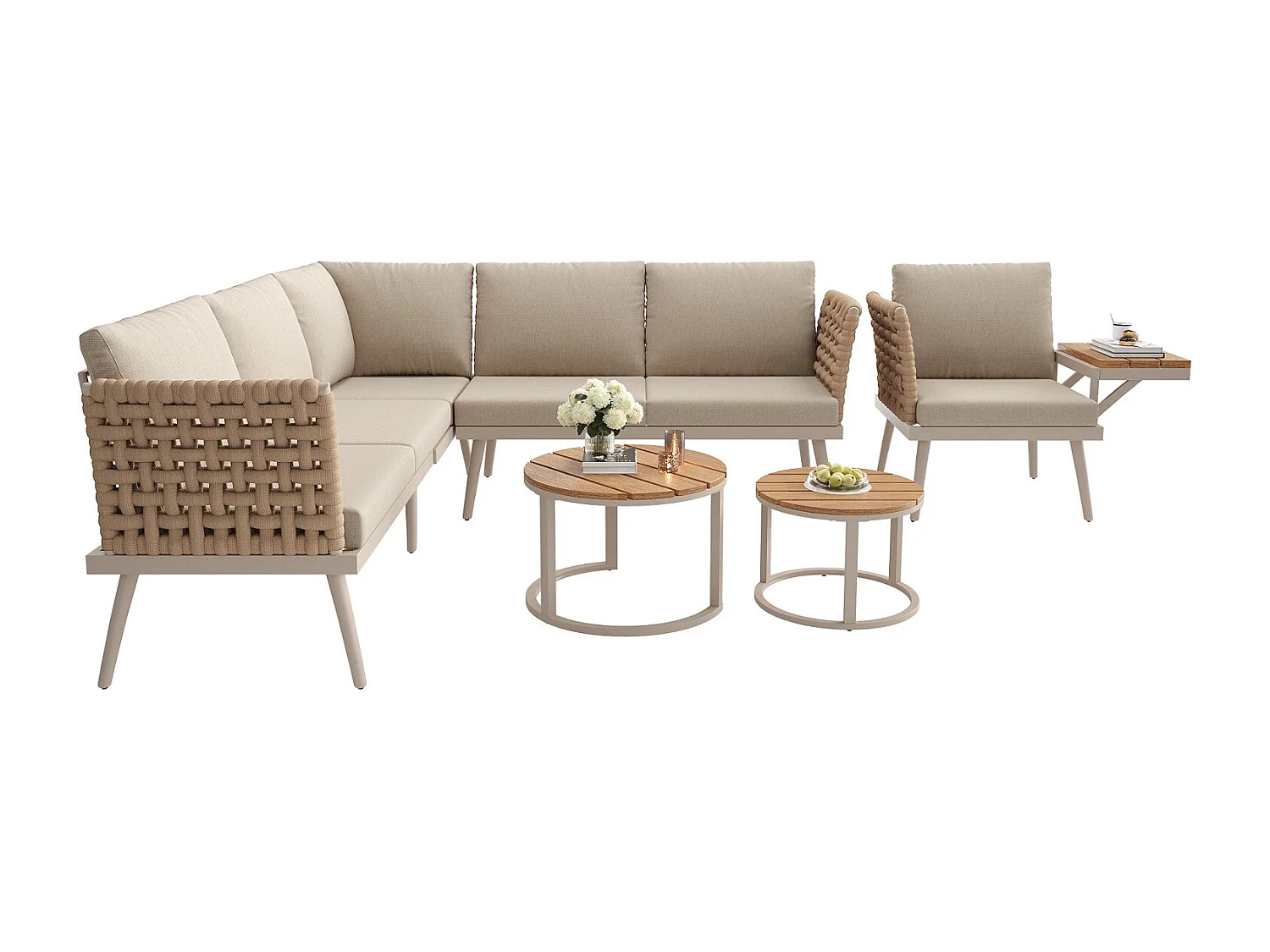 Canapé de jardin, six places, avec accoudoirs tissés à la main, résistant aux intempéries, structure en fer, avec coussins, beige