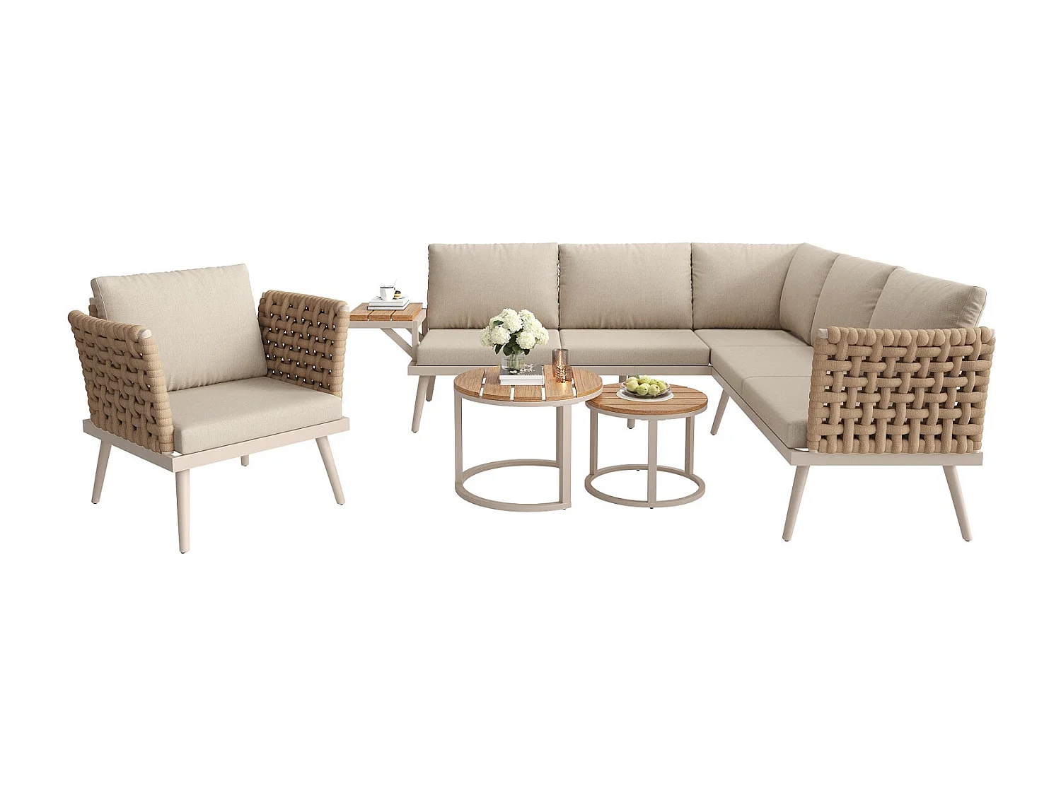 Canapé de jardin, six places, avec accoudoirs tissés à la main, résistant aux intempéries, structure en fer, avec coussins, beige